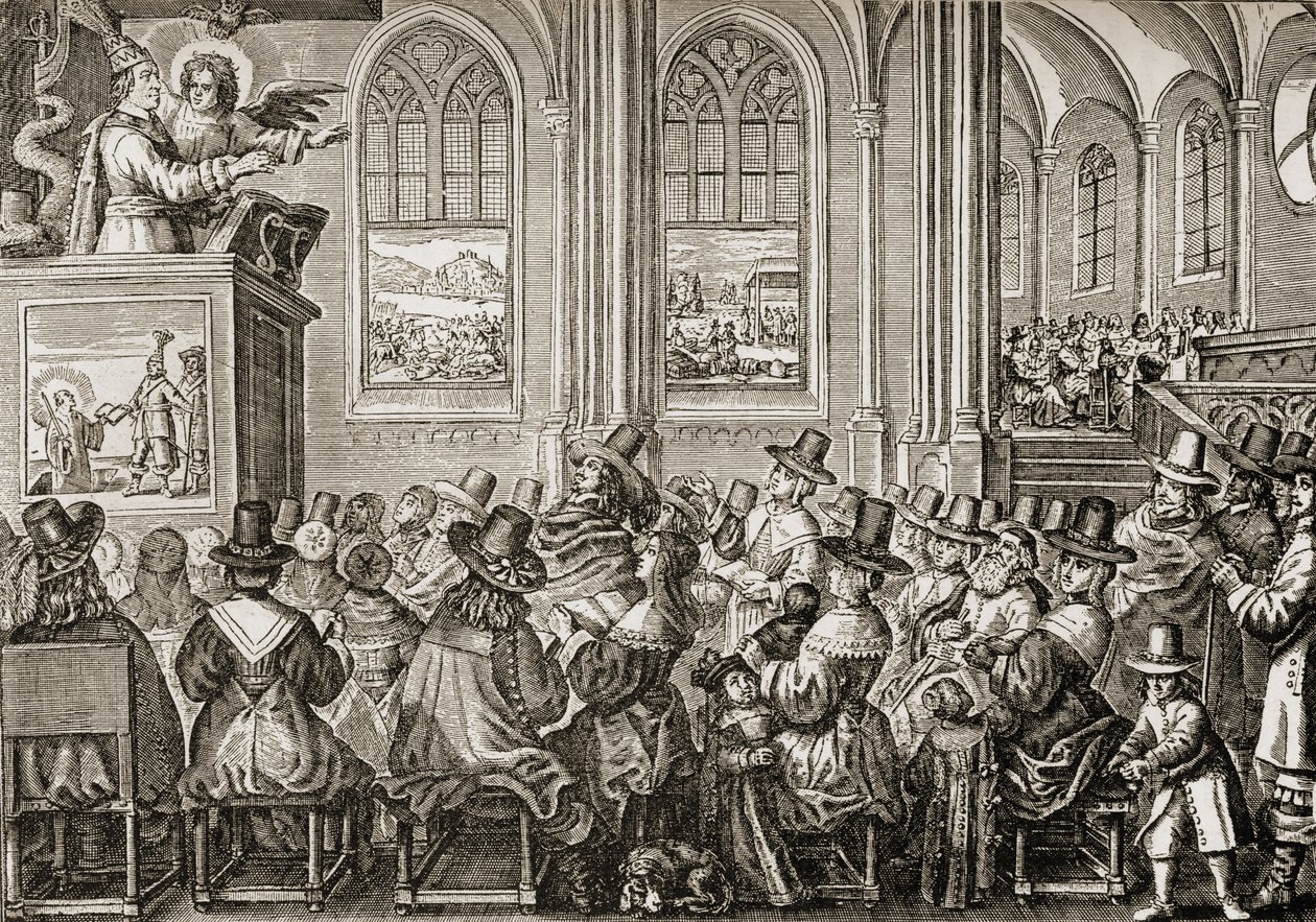 Oliver Cromwell (1599-1658) bir Püriten cemaatine iyi haberi duyuruyor by English School
