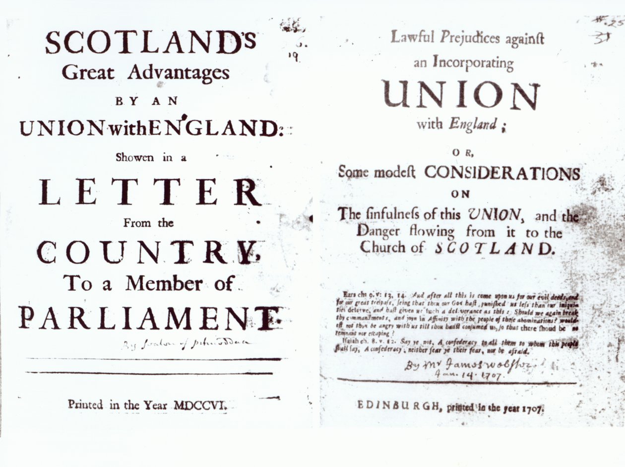 İngiliz-İskoç birliği tartışmasının her iki tarafını gösteren broşürler, 1707 by English School