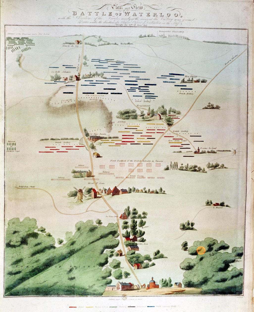 Plan and view of the Battle of Waterloo with the position of the English in red, the Belgians in yellow, the Prussians in green and the French in blue  by English School