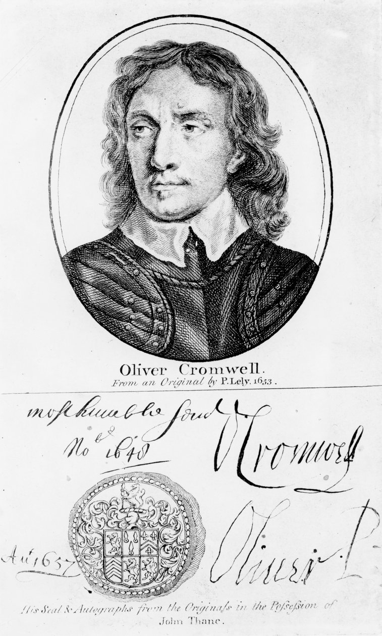 Portrait of Oliver Cromwell (1599-1658) from an original by Peter Lely of 1653, and his seal and autographs   by English School