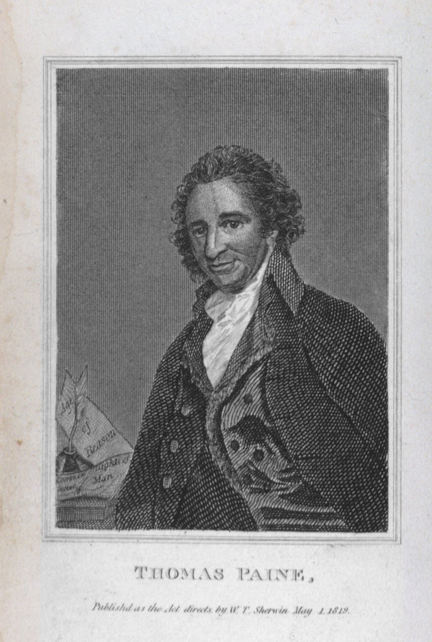 Portrett af Thomas Paine (1737-1809) úr I. bindi „The Political Works of Thomas Paine“, kr. eftir W.T Sherwin, 1. maí 1819 by English School