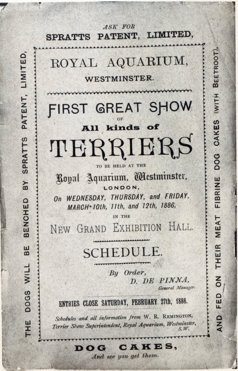 Poster advertising the Allied Terrier Club Show at the Royal Aquarium, Westminster in 1886  by English School