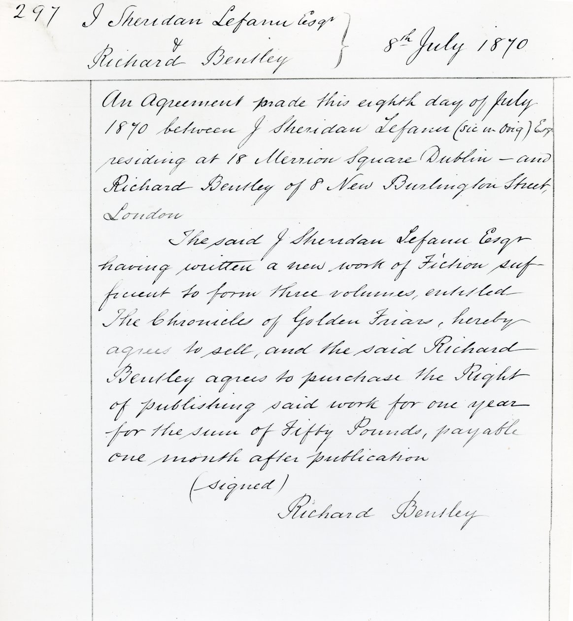 Joseph Sheridan Le Fanu ve Richard Bentley arasında 