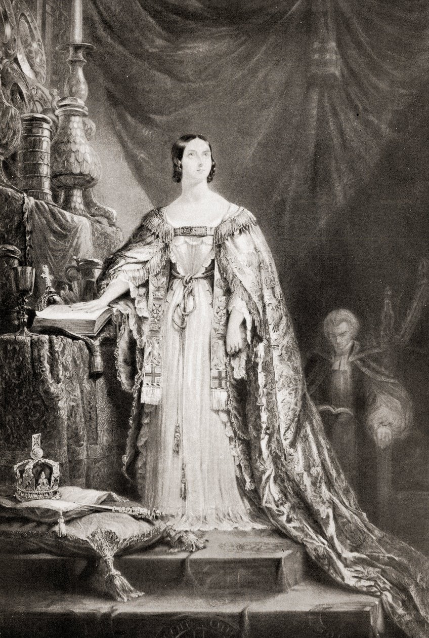 Kraliçe Victoria (1819-1901) taç giyme yemini ederken by English School