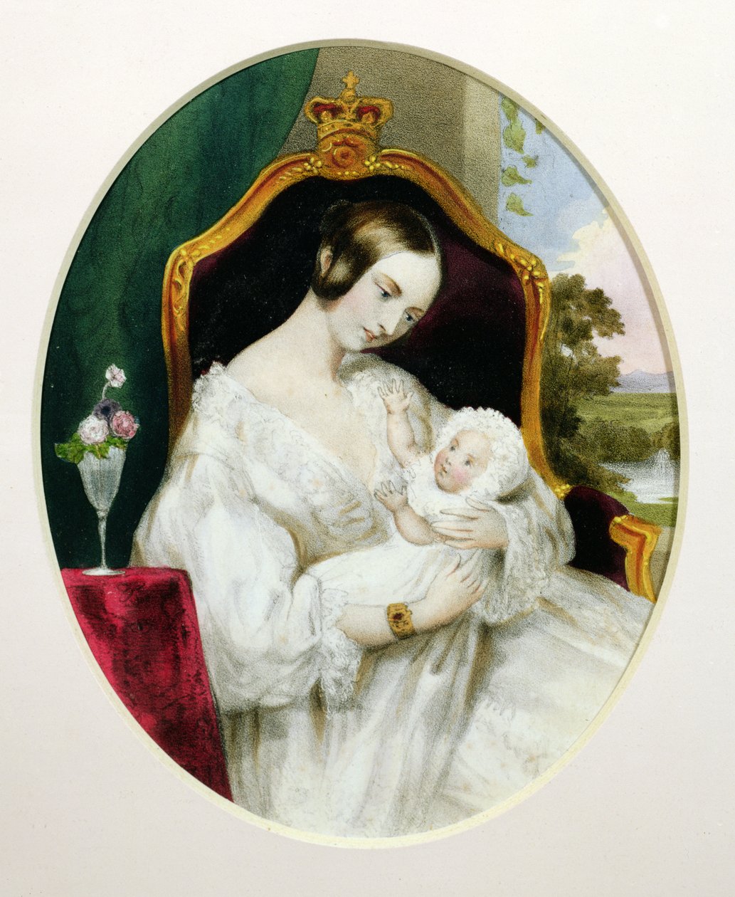 Kraliçe Victoria (1819-1901) ve Prenses Kraliyet (1840-1901) bebekken (kağıt üzerinde wc) by English School