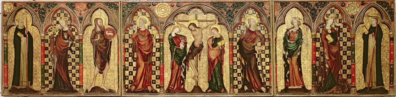 Sekiz Aziz ile Çarmıha Gerilmeyi betimleyen retable, c.1300 (panelde tempera ve altın varak) (ayrıca bkz. 1713) by English School