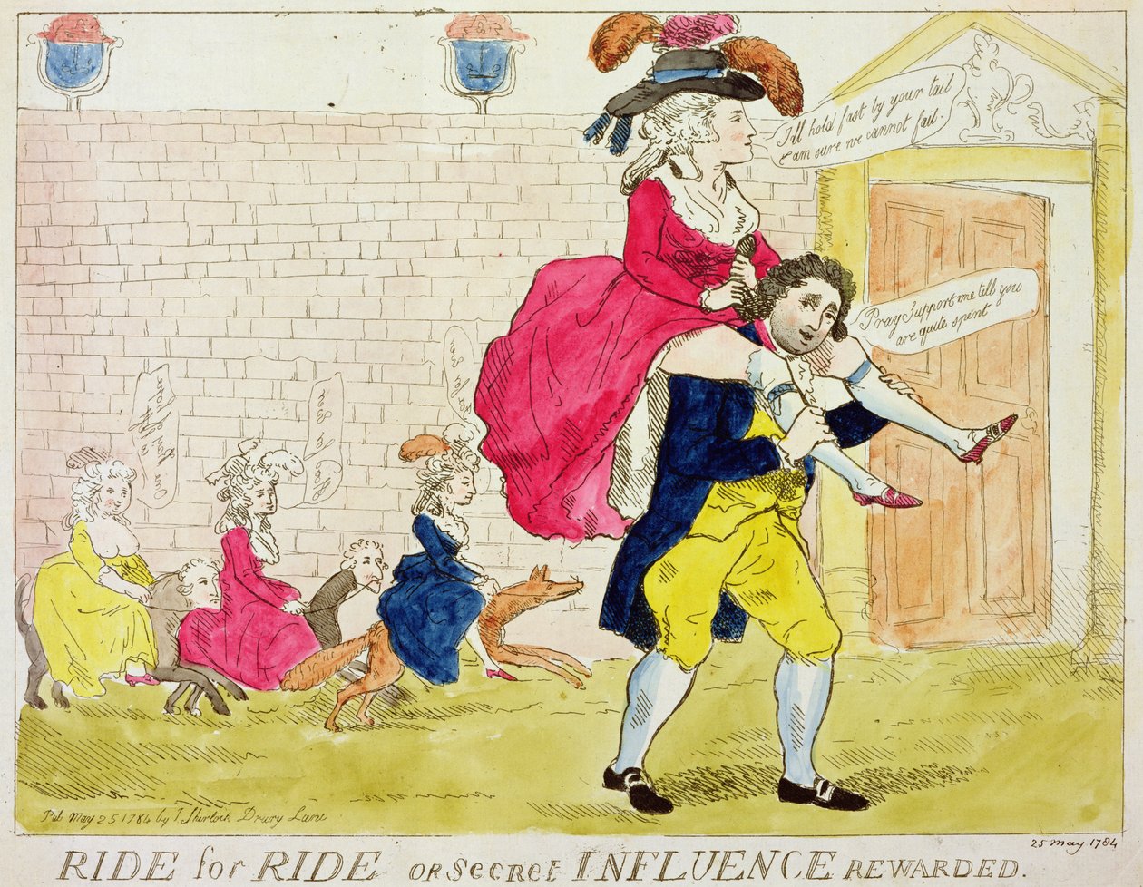 Ride for Ride or Secret Influence Rewarded, 1784 (coloured litho) by English School