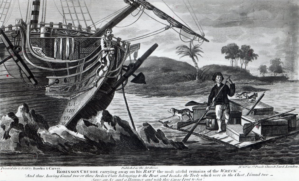 Robinson Crusoe, enkazın en faydalı kalıntılarını salıyla taşıyor by English School