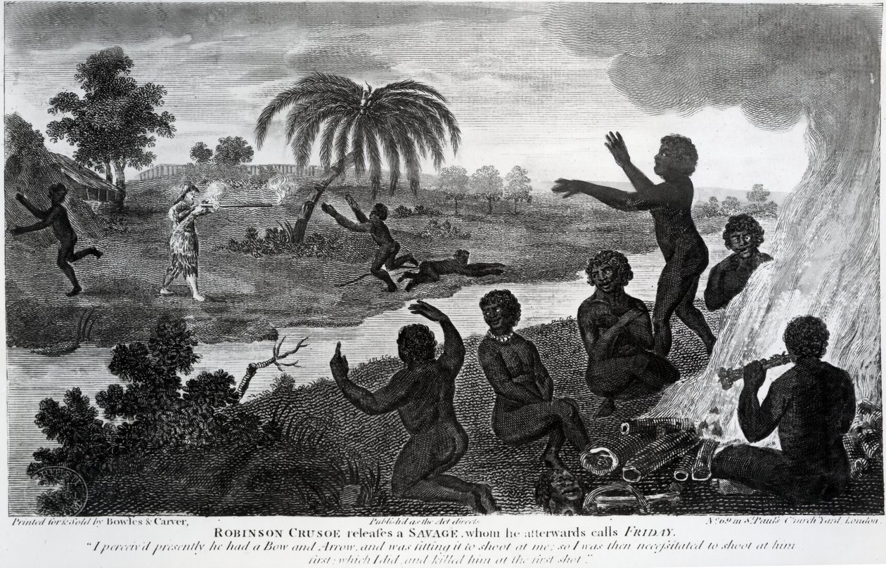 Robinson Crusoe releases a Savage, whom he afterwards calls Friday, illustration from 