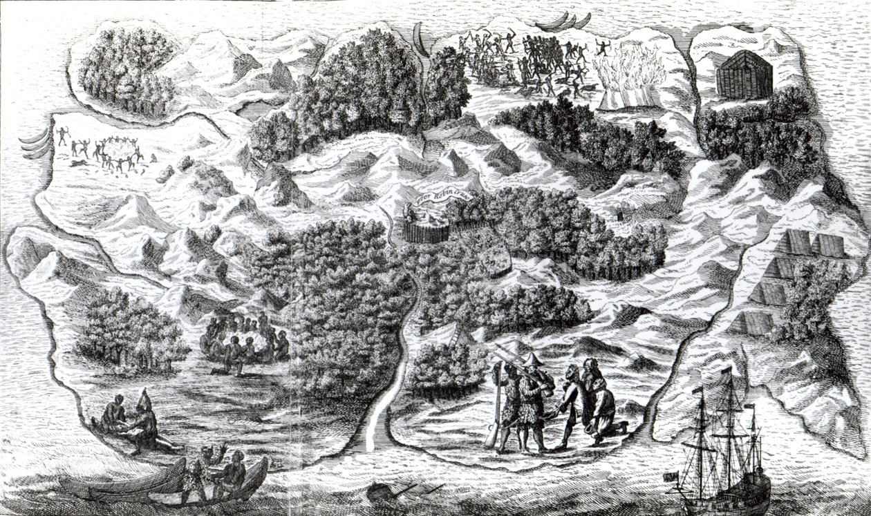 Robinson Crusoe Adası, Clark ve Pine tarafından kazınmış, 1719 by English School