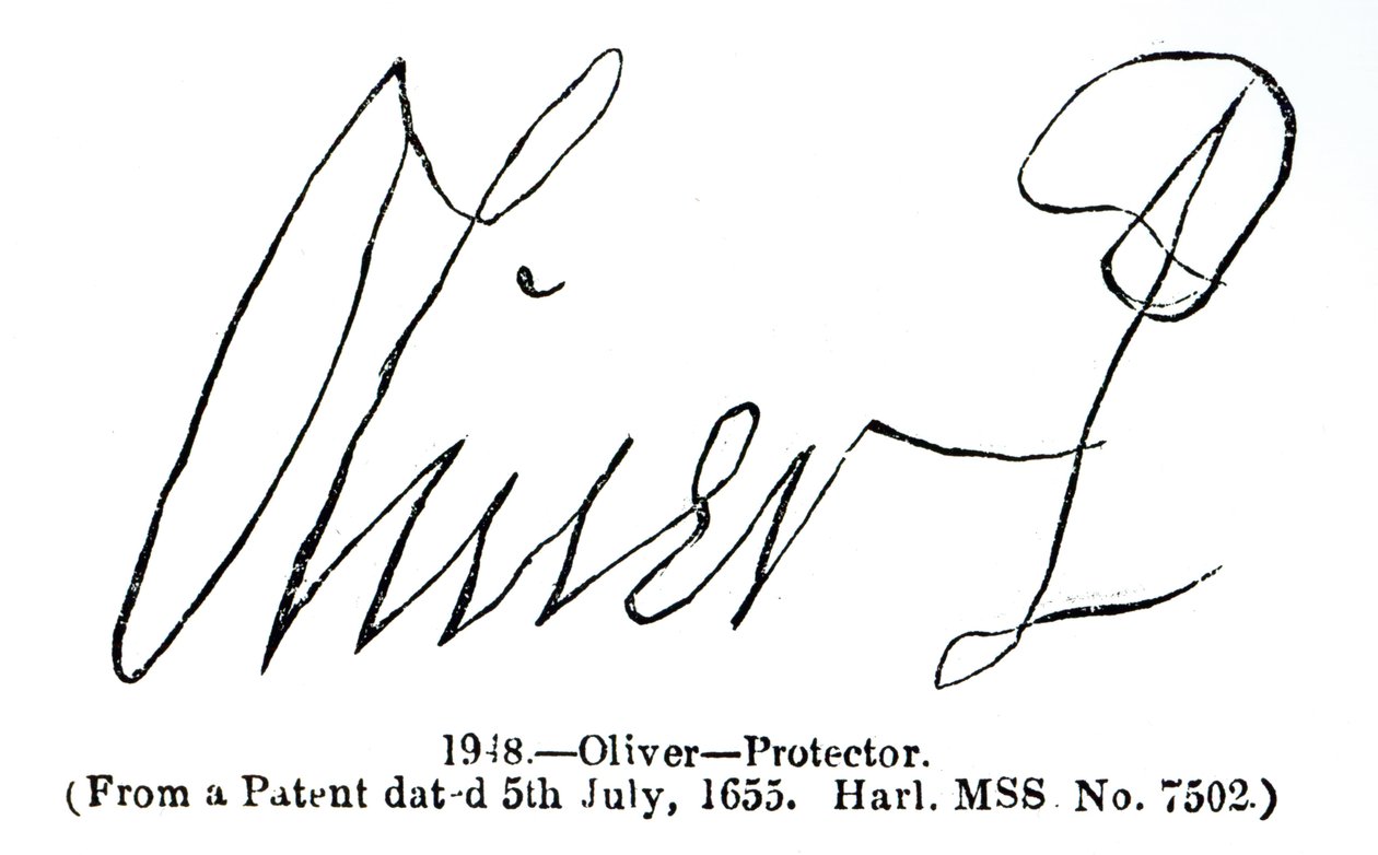 Signature of Oliver Cromwell (1599-1658) Lord Protector, from a patent manuscript (Harl.MSS No.7502) dated 5 July 1655   by English School