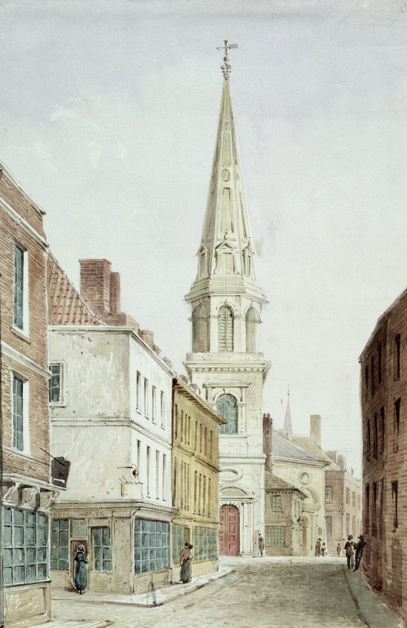 St. Antholins Kilisesi, Watling Caddesi boyunca Batıdan bir görünüm, c.1850 (kağıt üzerinde wc) by English School