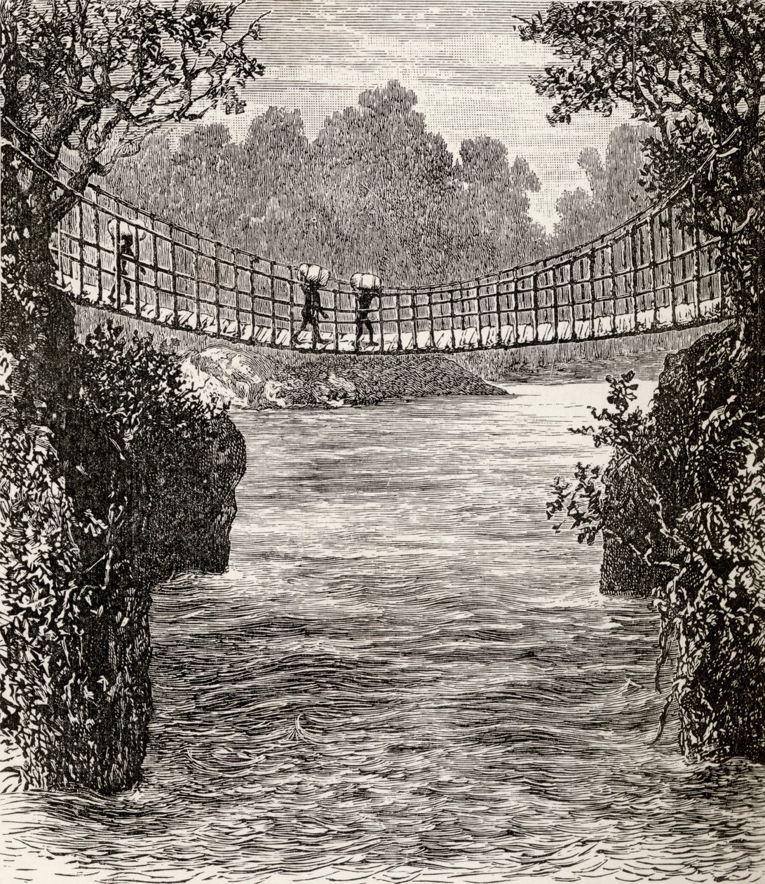Ituri Nehri üzerindeki asma köprü, Kongo, 1890 (ahşap oyma) by English School
