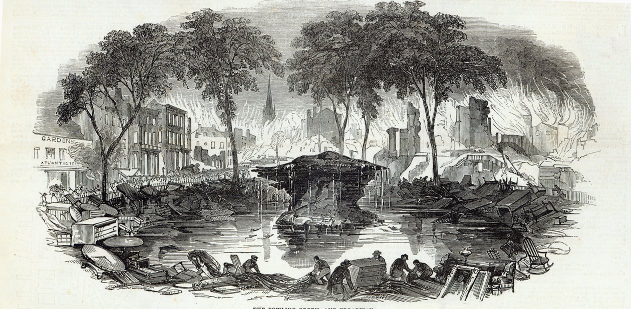 The Bowling-green and Broadway, New York, from The Illustrated London News, 23rd August 1845  by English School