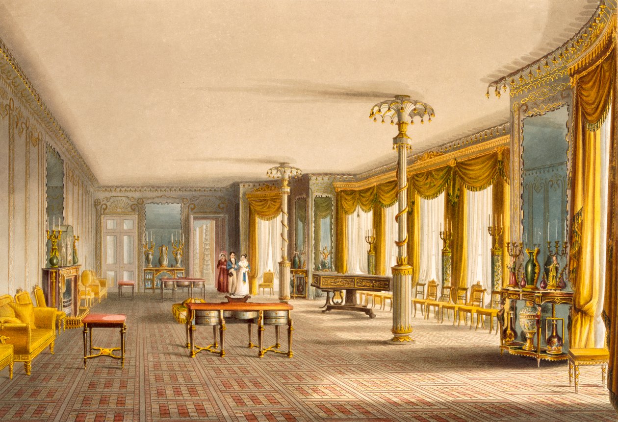 John Nash (1752-1835) 1826 (aquatint) tarafından The Royal Pavilion, Brighton Görünümlerinden Kuzey Çizim Odası veya Müzik Odası Galerisi by English School