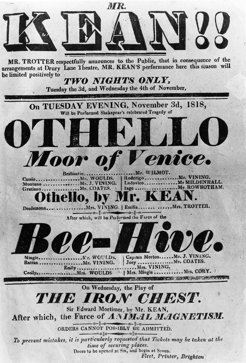 Theatre Bill advertising perfomances of Mr. Kean, 1818 (printed paper) by English School