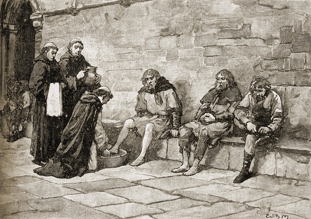 Thomas Becket (c.1118-70) dilencilerin ayaklarını yıkıyor by English School