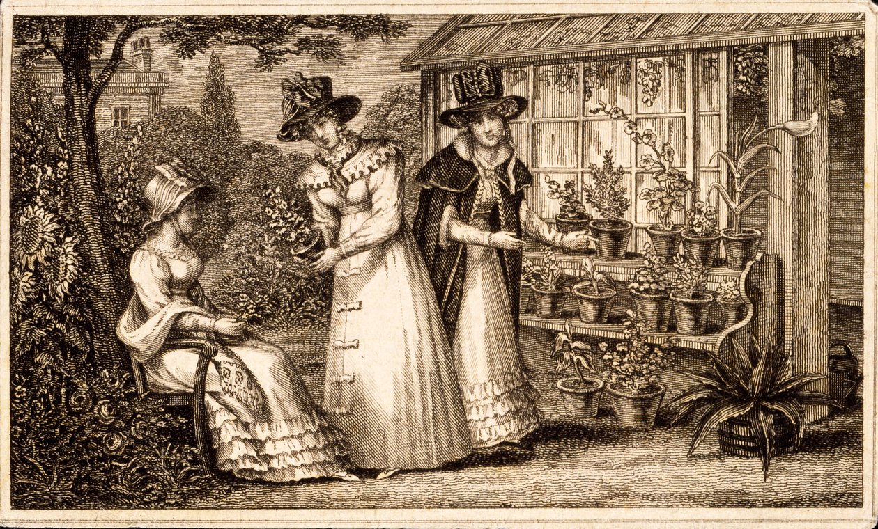 Saksı Kulübesi Tarafından Bahçıvanlık Yapan Üç Bayan 1820'ler by English School