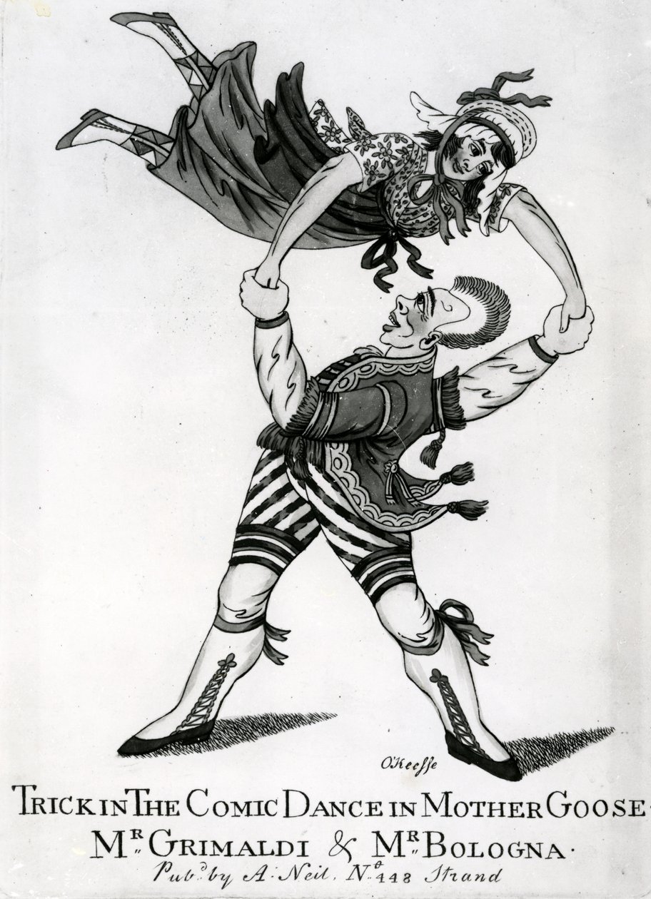 Trick in the Comic Dance in Mother Goose - Mr Grimaldi und Mr Bologna, print made by O