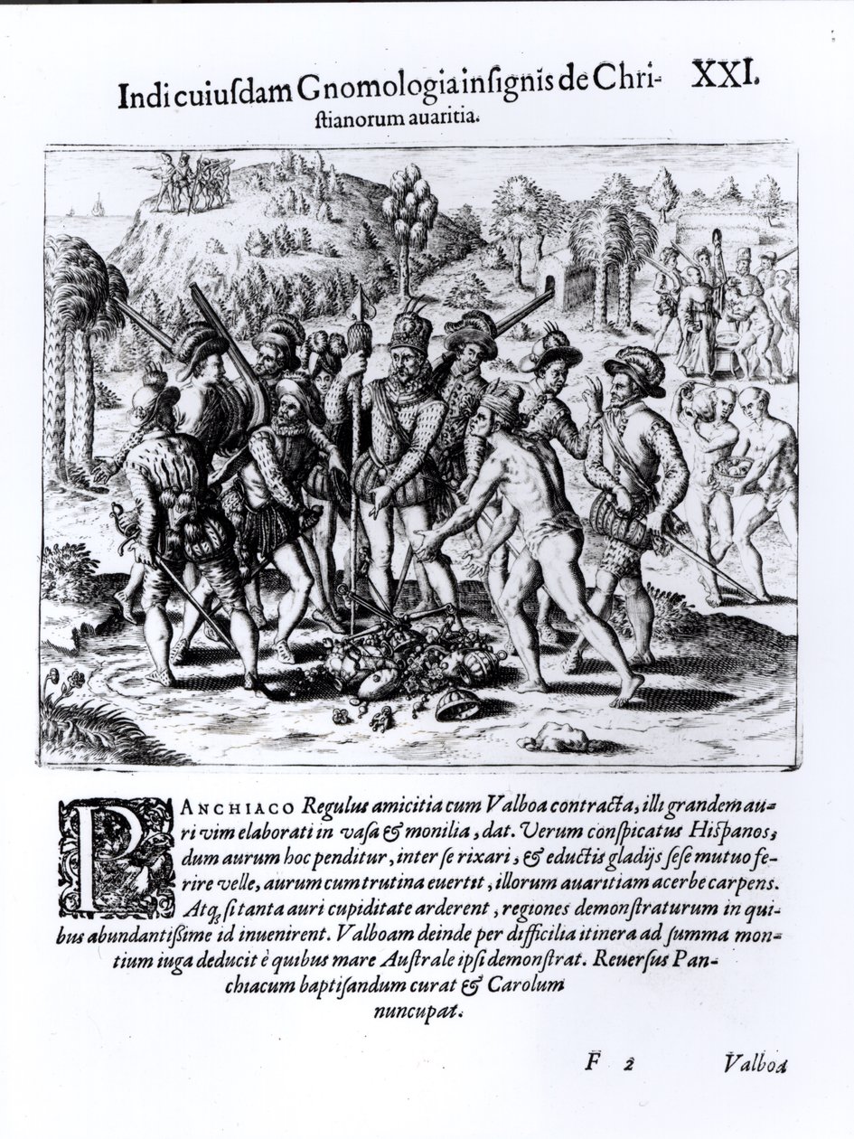 Vasco Nunez de Balboa (1475-1519) Hıristiyanların Açgözlülüğünü Gösteriyor by English School