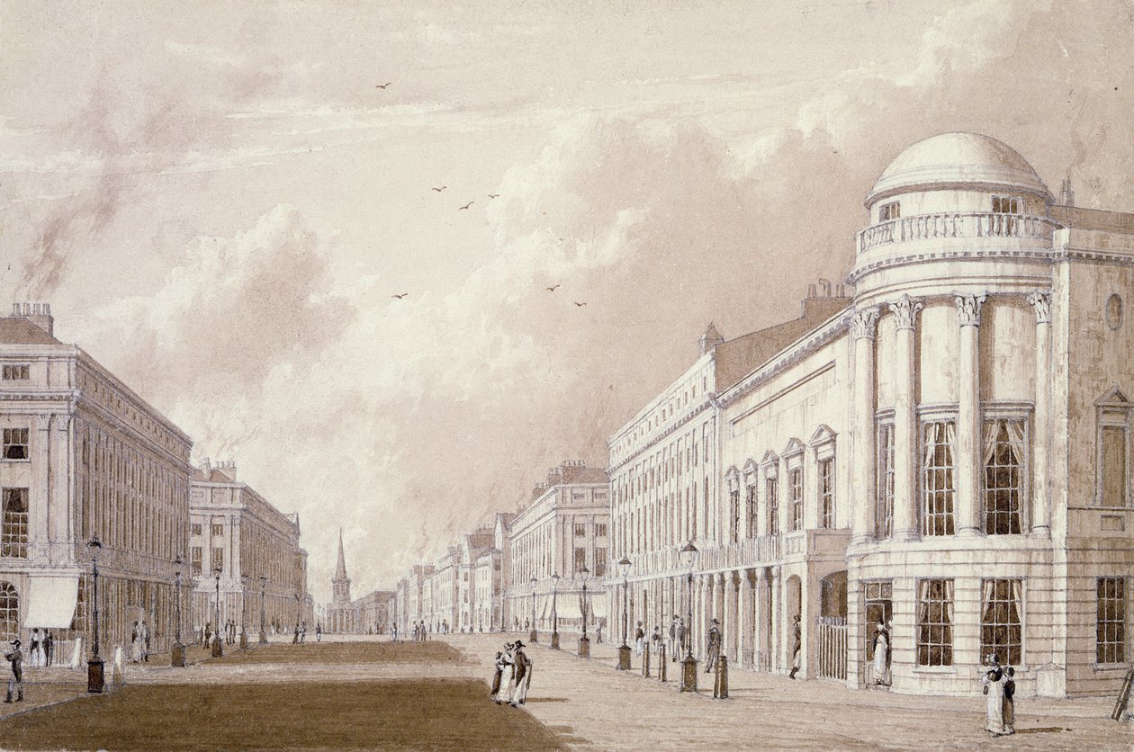 View of Regent Street, 1825 (ink pencil wash on paper) by English School