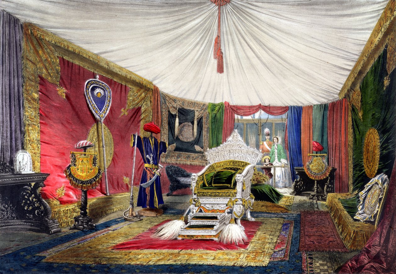 1851 Büyük Sergisinin Hindistan bölümündeki çadır odası ve fildişi oymalı tahtın Dickinsons Comprehensive Pictures