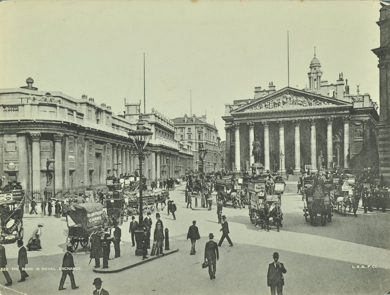 İngiltere Bankası ve Kraliyet Borsası, Threadneedle Caddesi, Londra Şehri, 1890 by English Photographer