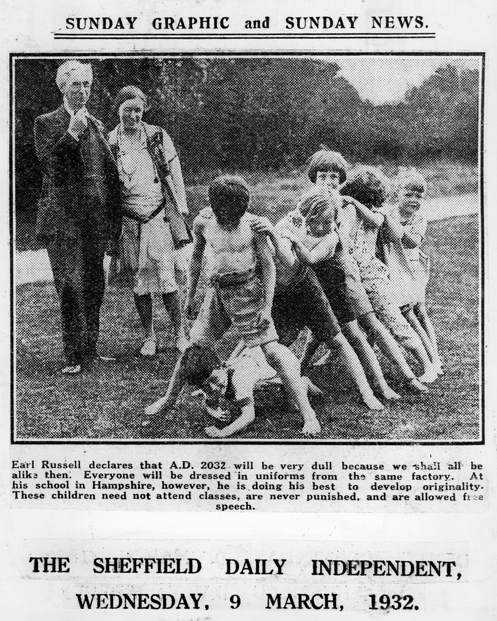 Bertrand Russell and his wife Dora Black with pupils from their Beacon Hill School, 1932  by English Photographer