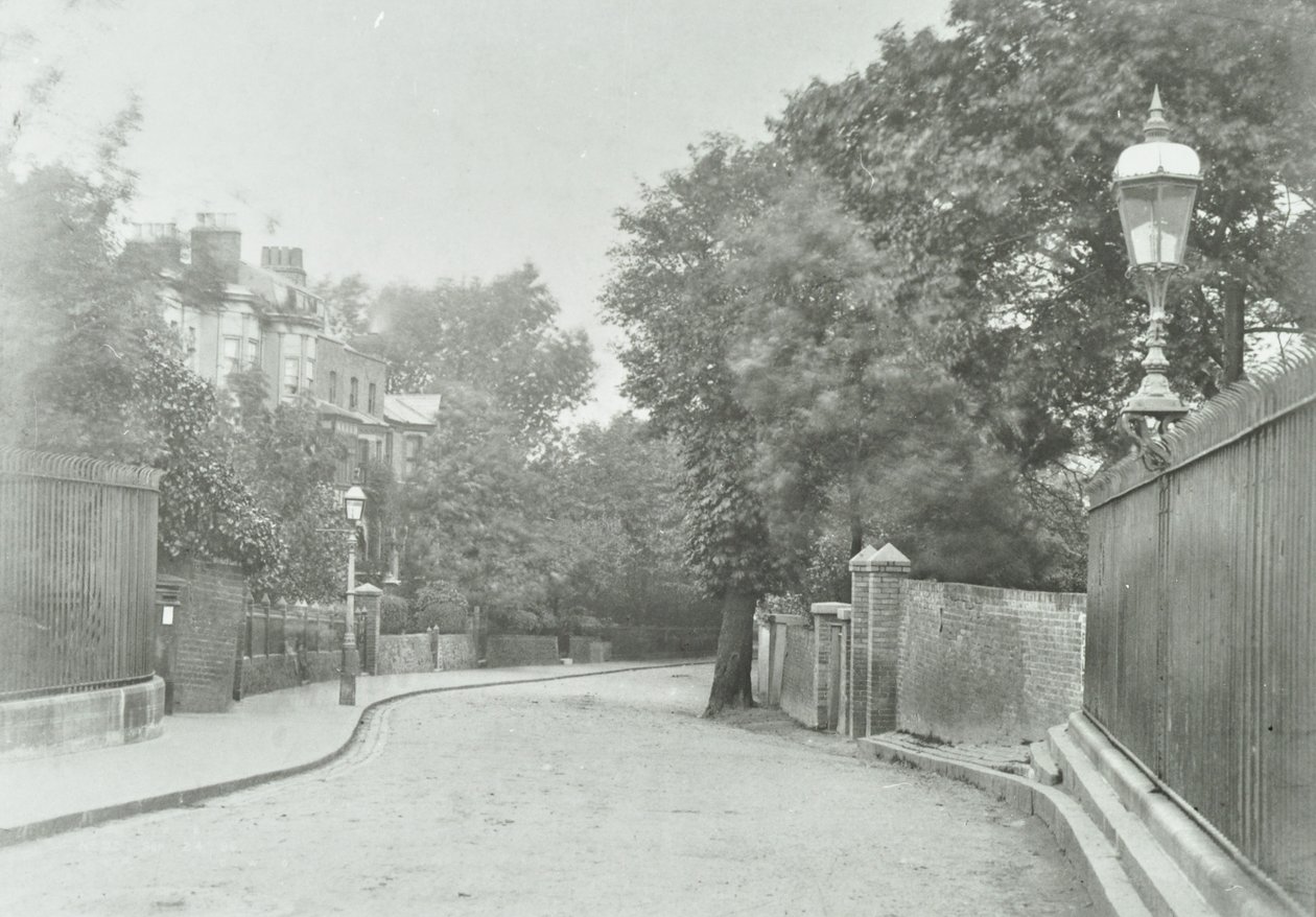 Highgate Archway: korkuluklara sabitlenmiş eski lamba ile doğu yaklaşımı, 1896 by English Photographer