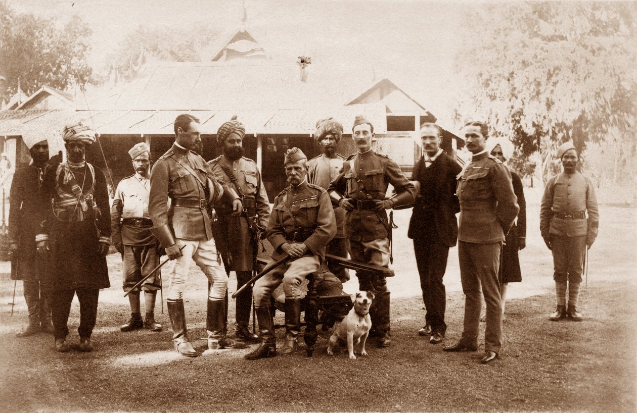 Narrain Sing, Hassan Ali, Binbaşı Hamilton D. Taylor, Ram Singh, Mohamad Khan, HSR Sir Fred, Albay P. Carew, c.1886 by English Photographer