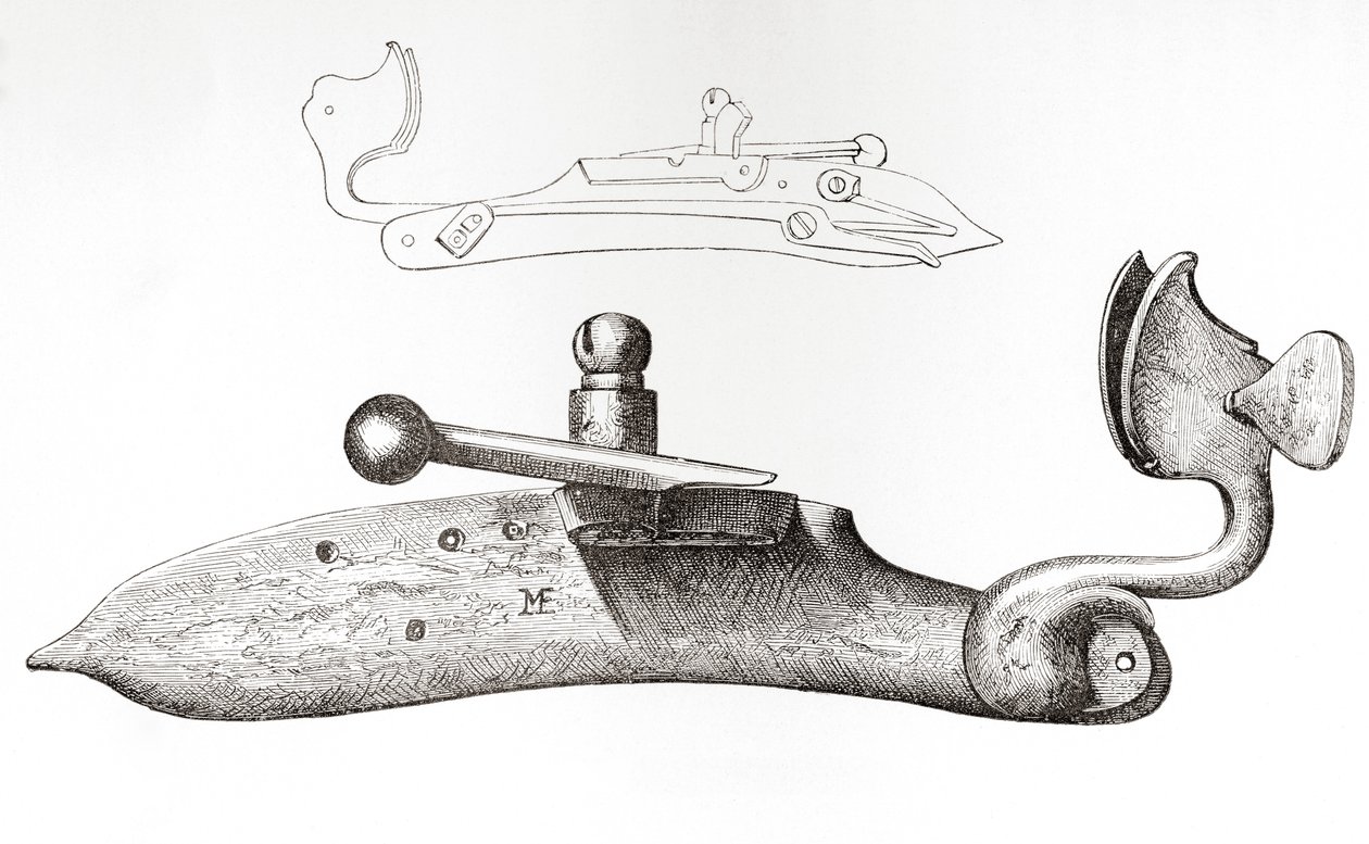 17. yüzyıl Çiftelisi. Elde tutulan bir ateşli silahı ateşlemek için kullanılan mekanizma veya kilit, The British Army: Its Origins, Progress and Equipment, 1868'de yayınlandı. by English School