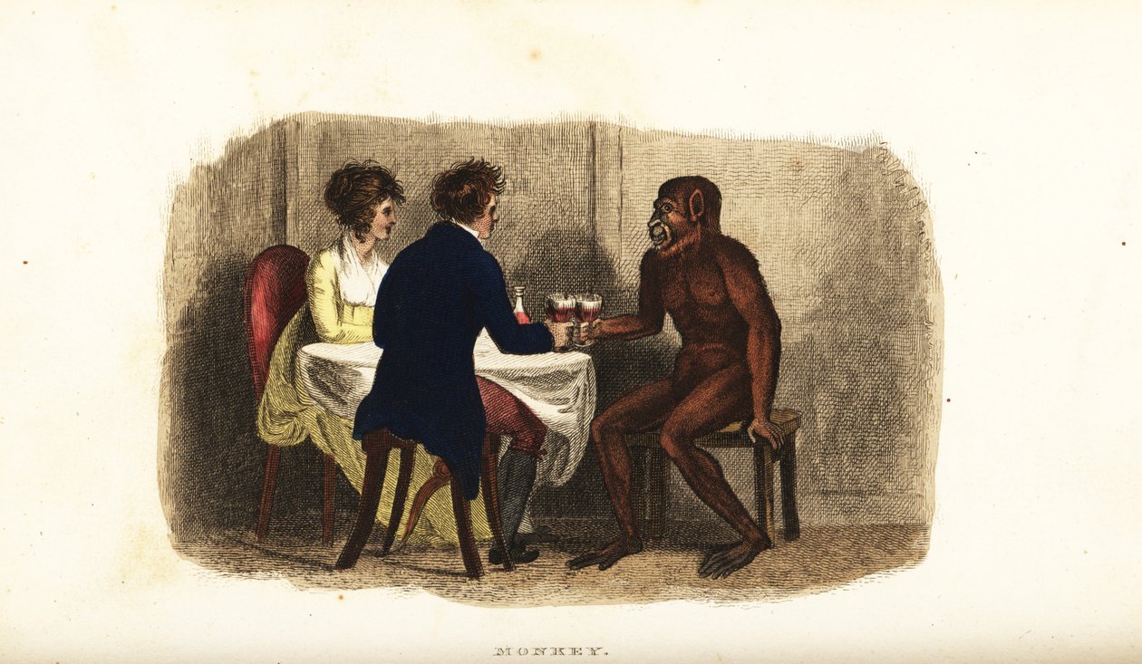 18. yüzyıldan kalma Hollandalı çift yemek masasında Borneo orangutanıyla şarap içiyor. by English School