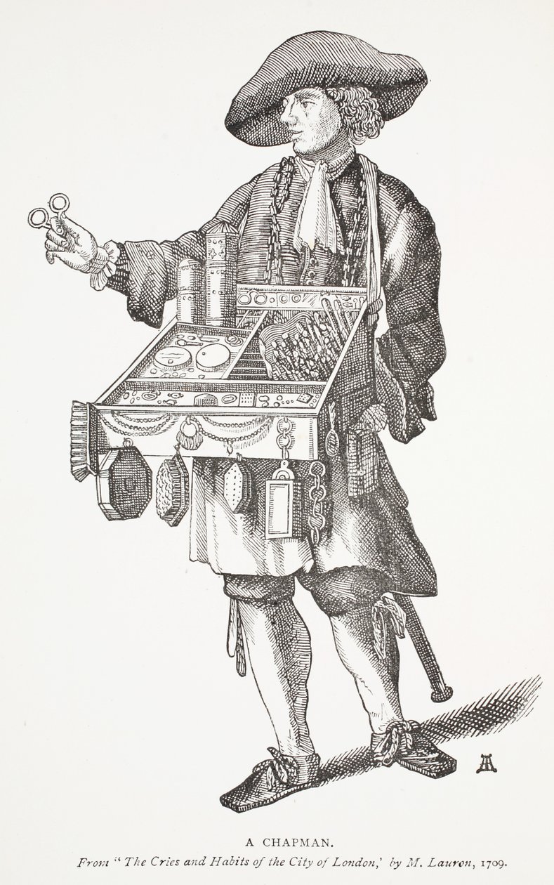 Bir Chapman, The Cries and Habits of the City of the City of the City, M. Lauren tarafından, 1709, John Ashton tarafından On sekizinci Yüzyılın Chap-kitaplarından ön kapak resmi, pub. 1882 by English School
