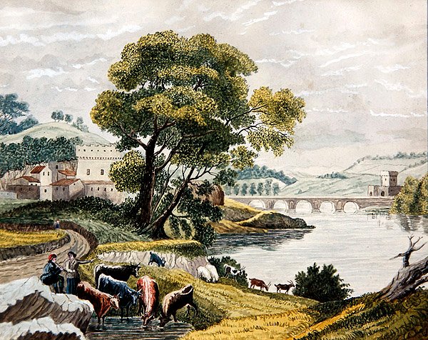 Bir Claudian Manzarası, c.1825 (kağıt üzerine suluboya) by English School
