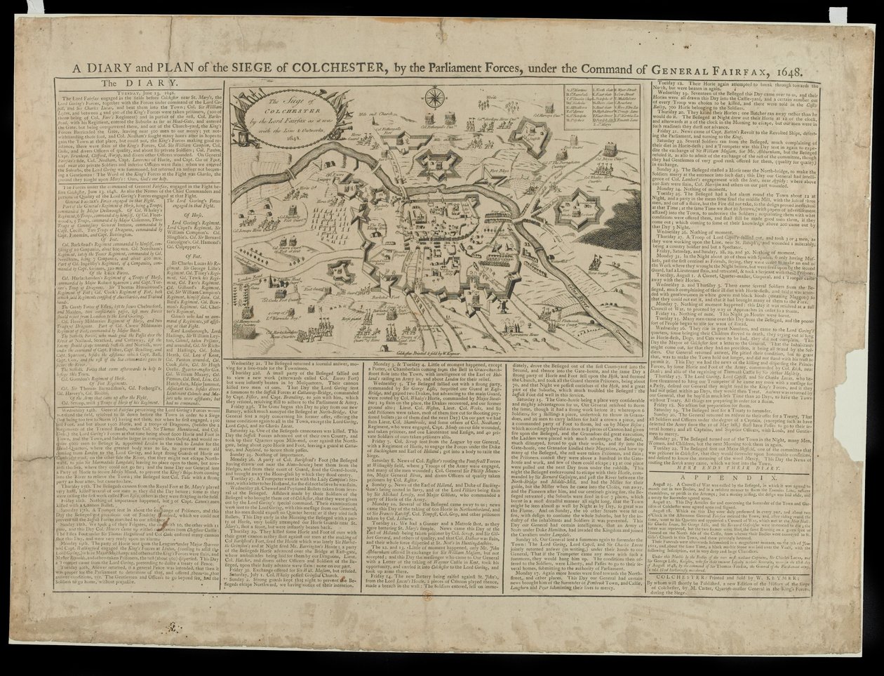 Colchester 1648 Kuşatmasının Günlük ve Resimli Planı, W. Keymer tarafından basılmış ve satılmıştır, 1648 by English School