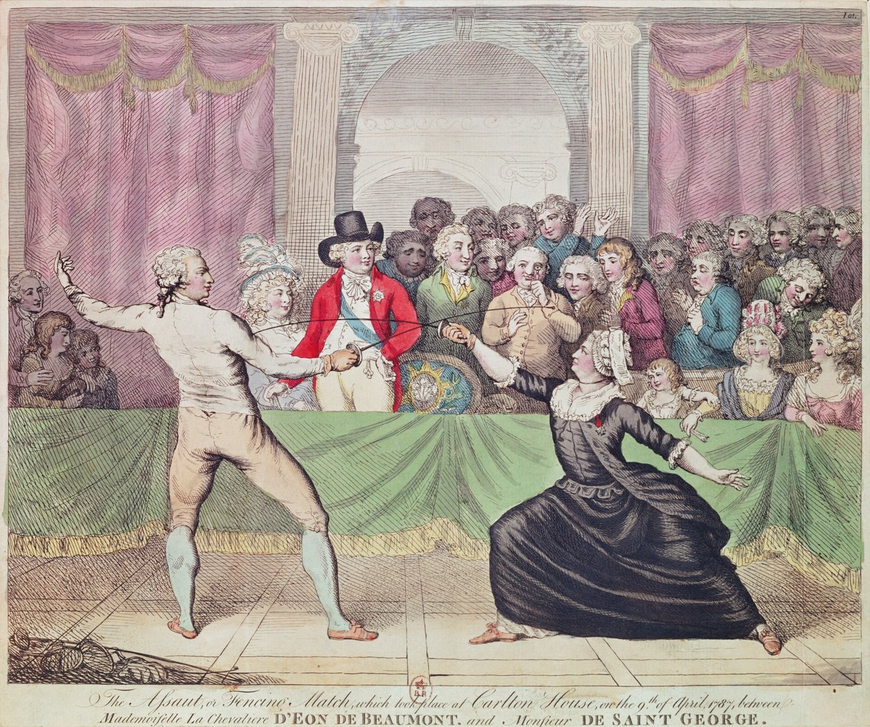 Bir kadın gibi giyinmiş Chevalier d"Eon ve Monsieur de Saint-Georges arasında Prens Naibinin huzurunda Carlton House