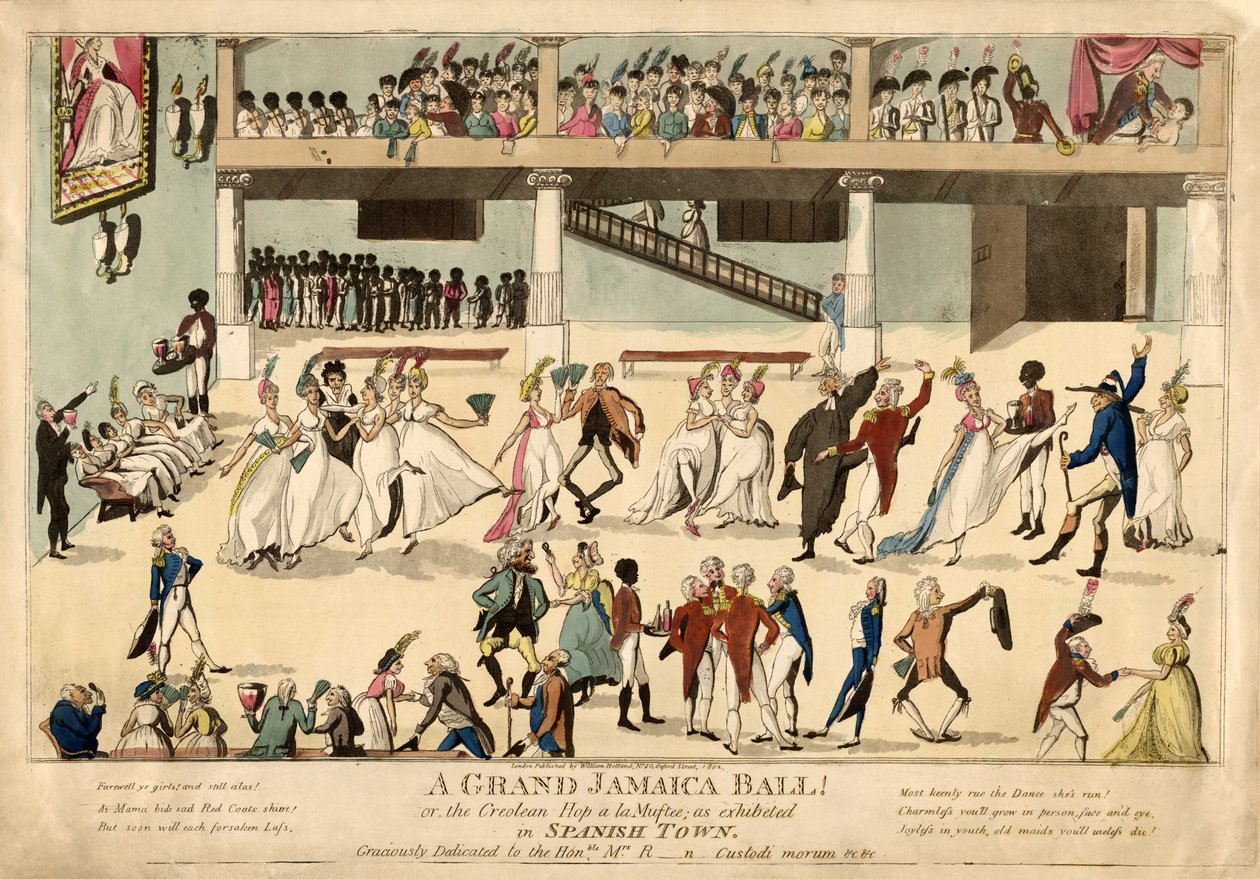İspanyol kasabasında bir Grand Jamaika Balosu veya Cerulean Hop a la Muftee, pub. 1802 (el renkli gravür) by English School