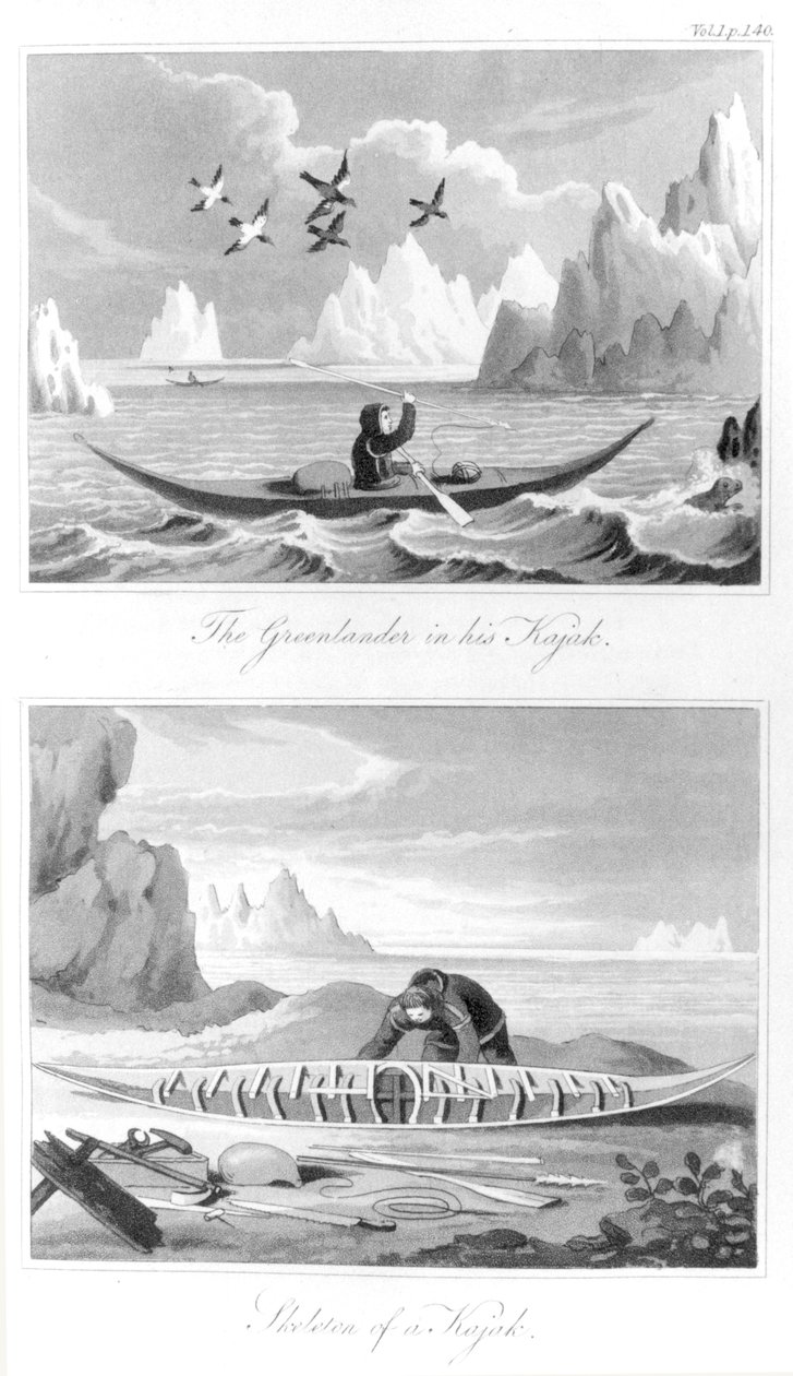 Bir Grönlandlı ve kayık, Grönland Tarihinden David Crantz, 1820 by English School