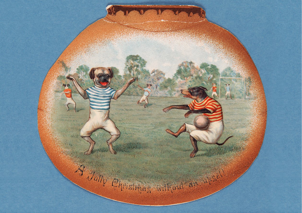 Üzülmeden Neşeli Bir Noel!, Köpekler arasındaki bir futbol maçını betimleyen Noel kartı, 1890