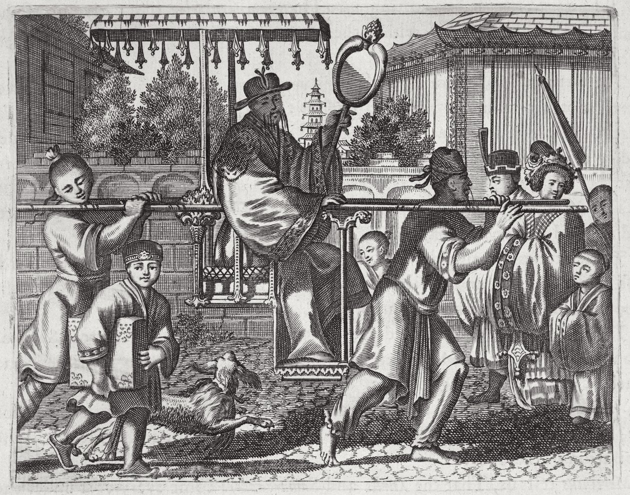 Sedan Sandalyede Bir Mandarin, Çin Büyükelçiliği açıklamasından bir çizim, 1690 by English School