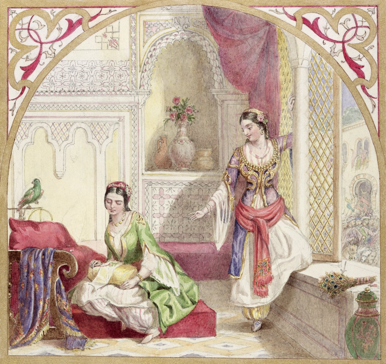 İki Kadınlı Mağribi Bir İç Mekan, c.1840 (kağıt üzerinde wc) by English School