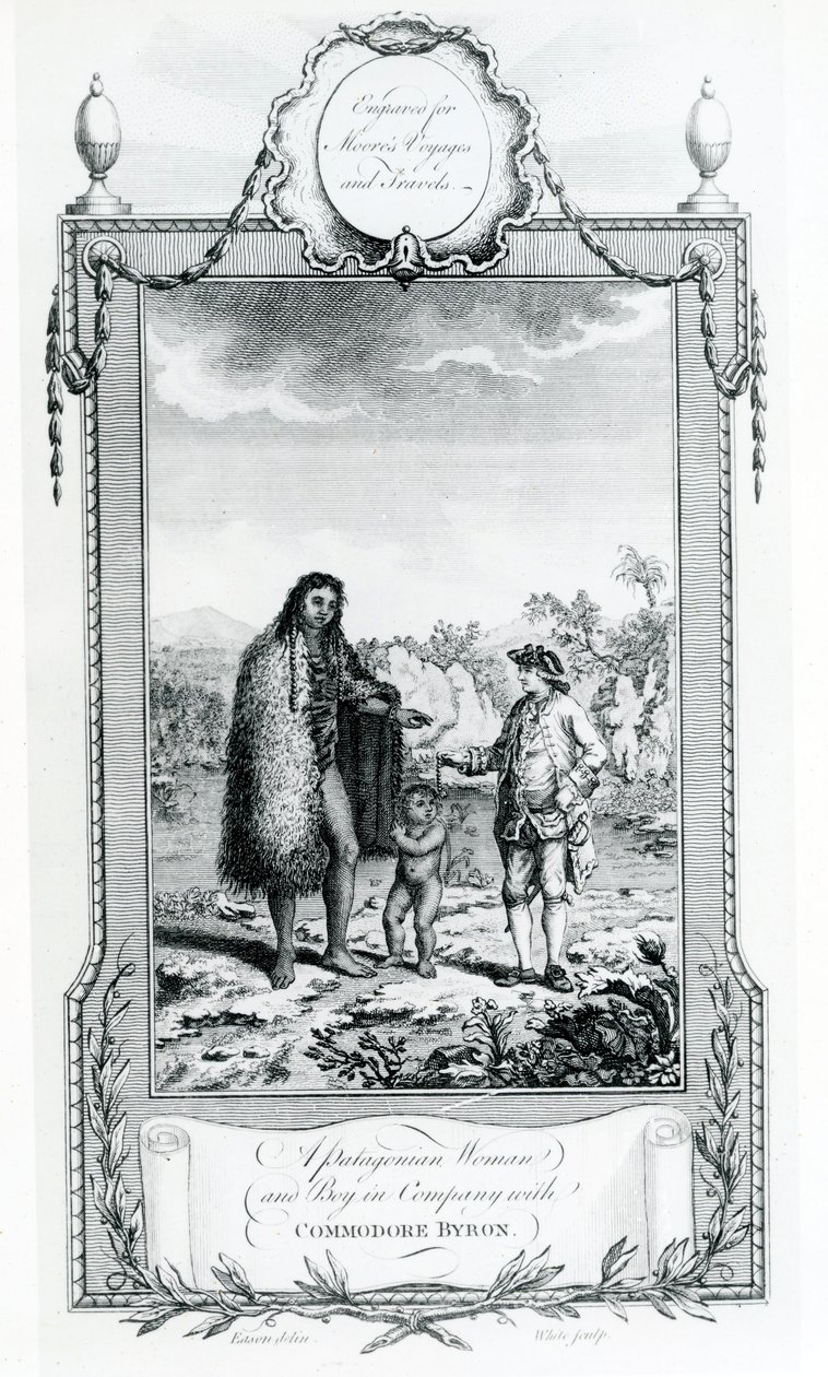 Amiral Byron ile Birlikte Patagonyalı Bir Kadın ve Oğlan, resim Moores Voyages and Travels, 1778