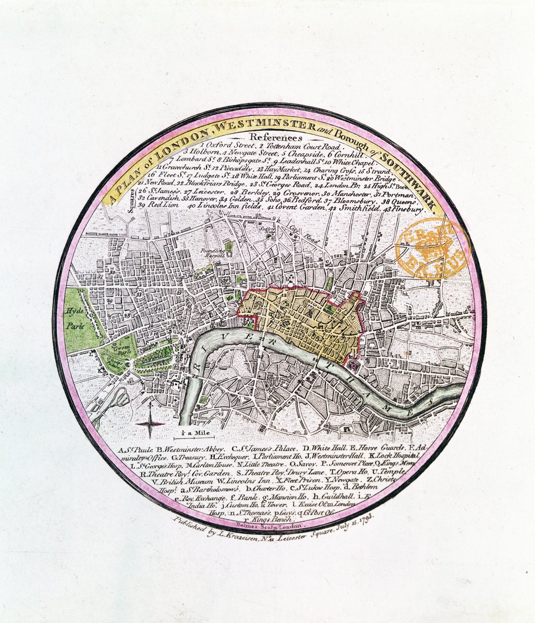 Londra, Westminster ve Southwark Borough A Planı, 1793 (el boyaması gravür) by English School