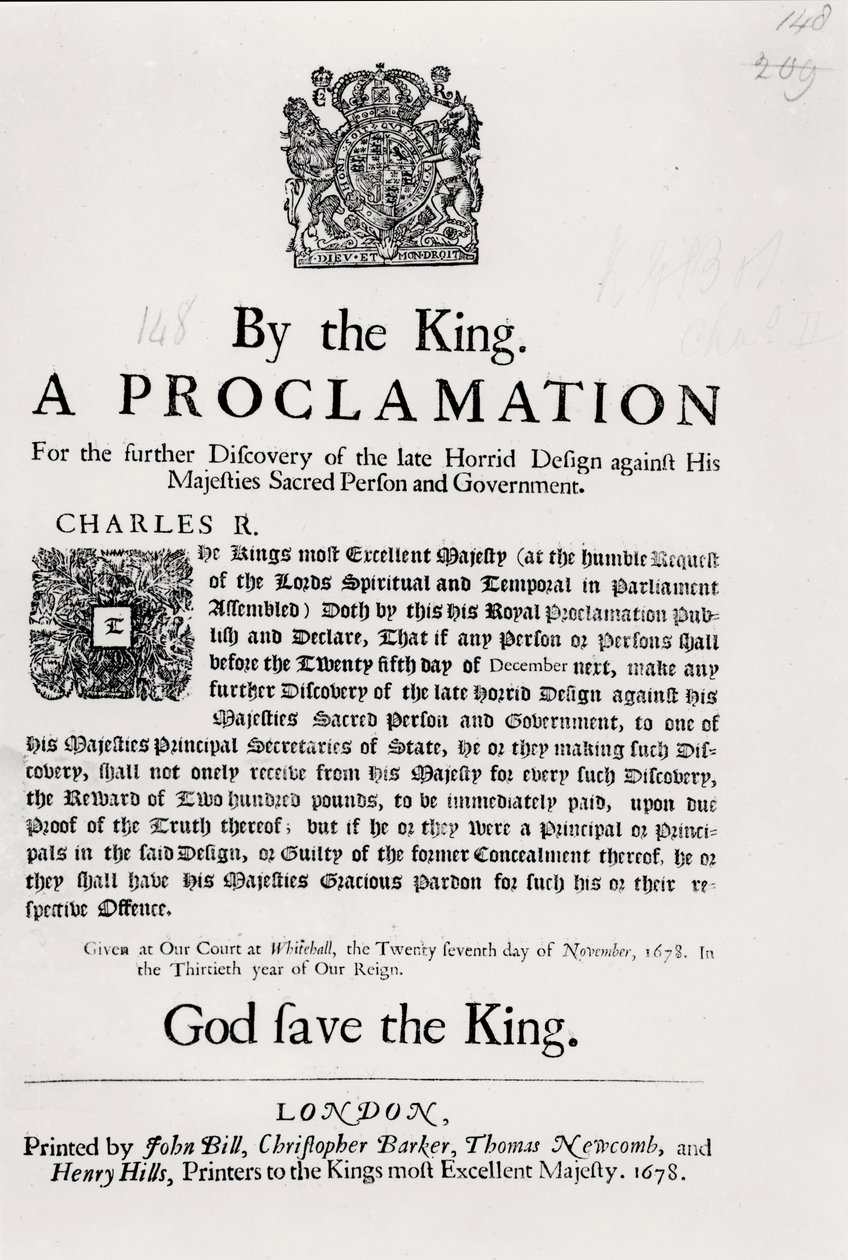 Majesteleri Kutsal Kişiye ve Hükümete Karşı Son Zamanların Korkunç Tasarımının Daha Fazla Keşfine İlişkin Kralın Bildirisi, 27 Kasım 1678 by English School
