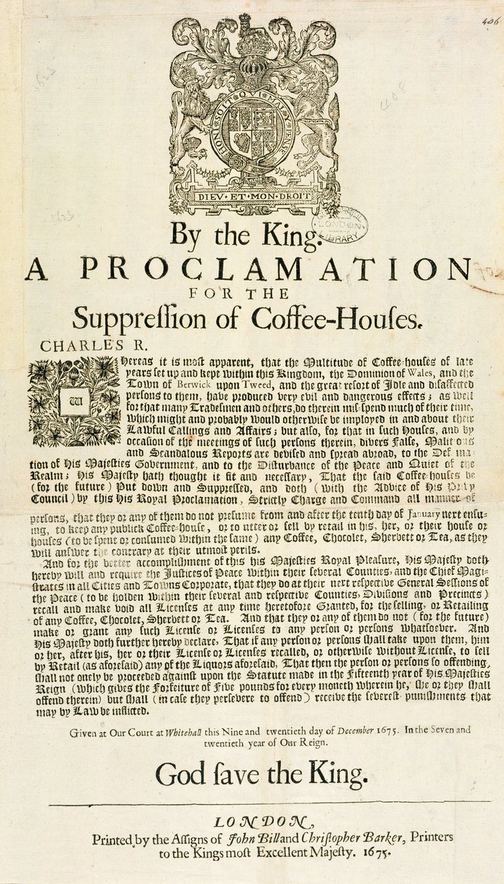 Kahvehanelerin Bastırılması İçin Kralın Bildirisi, 1675 by English School