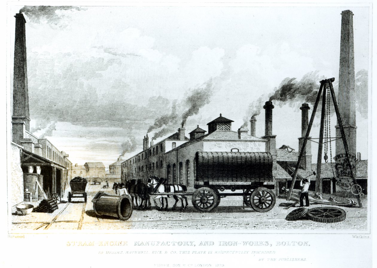 A Steam-Engine Manufactory and Iron Works at Bolton, by Harwood, engraved by Watkins   by English School