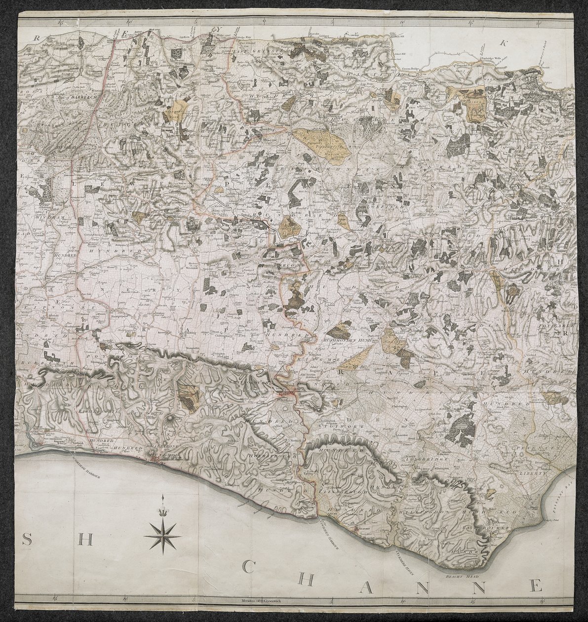 Sussex İlçesinin Topografik Haritası, Tecavüzler, Deanries ve Yüzlerce. Gerçek bir Anketten bir inçten bir kanun miline kadar bir ölçekte planlanmıştır by English School