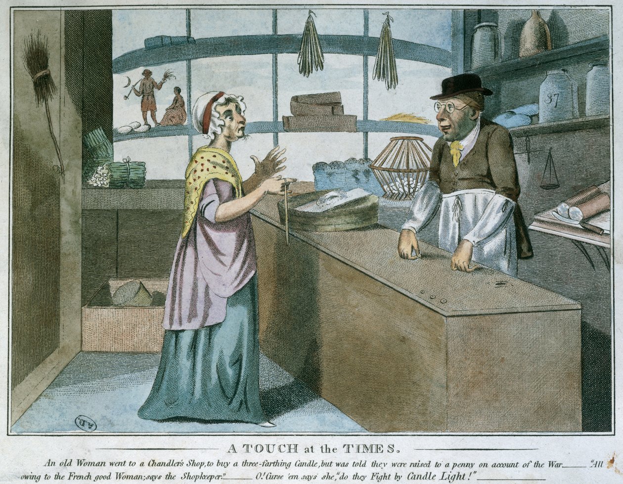 A Touch at the Times, Fransız ablukasının karikatürü, Mart 1805 by English School