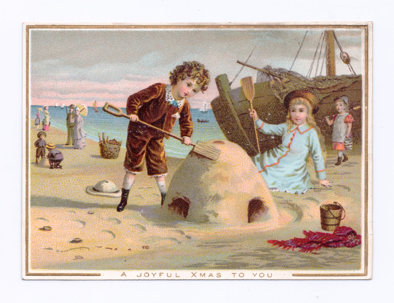 Sahilde kumdan kale inşa eden bir çocuğun Viktorya dönemine ait Noel kartı, 1880 dolayları (renkli taş) by English School