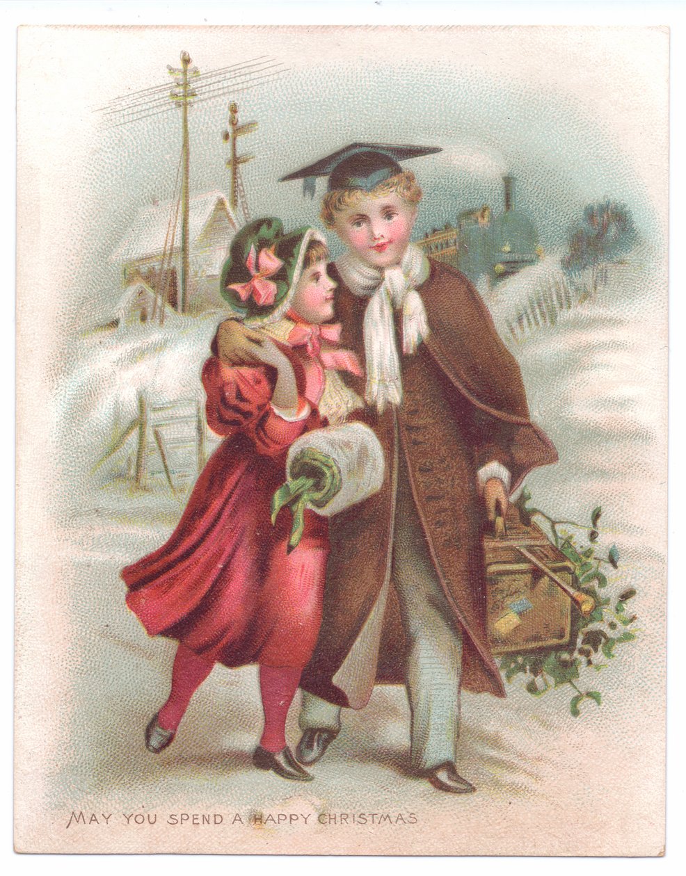Kolunu karda yürüyen bir kıza dolamış havan tahtası giyen bir çocuğun Viktorya dönemine ait bir Noel kartı, 1880 dolayları (renkli taş) by English School